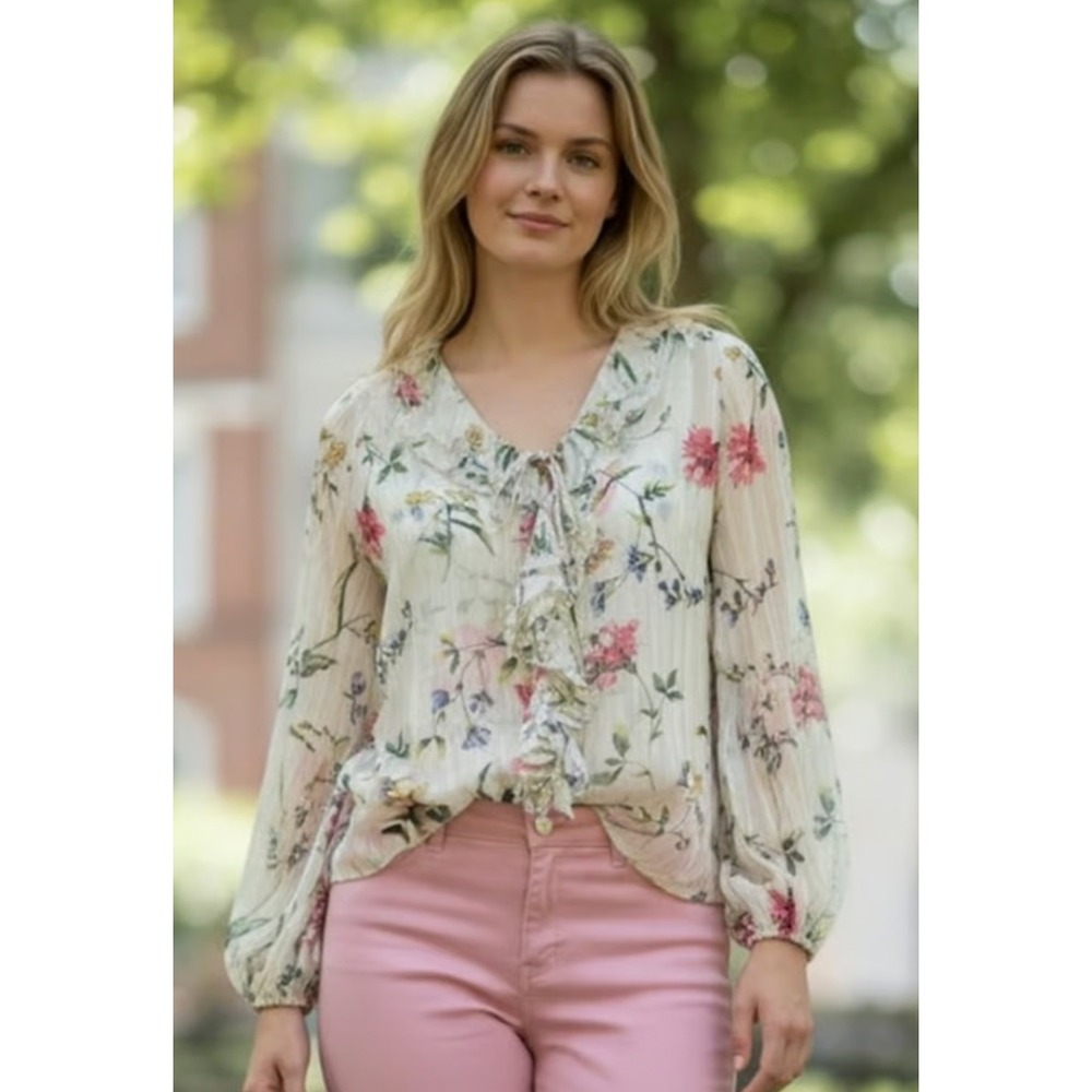 White House Black Market Cottagecore Blouse Women M Whimsical Boho Floral Ruffle